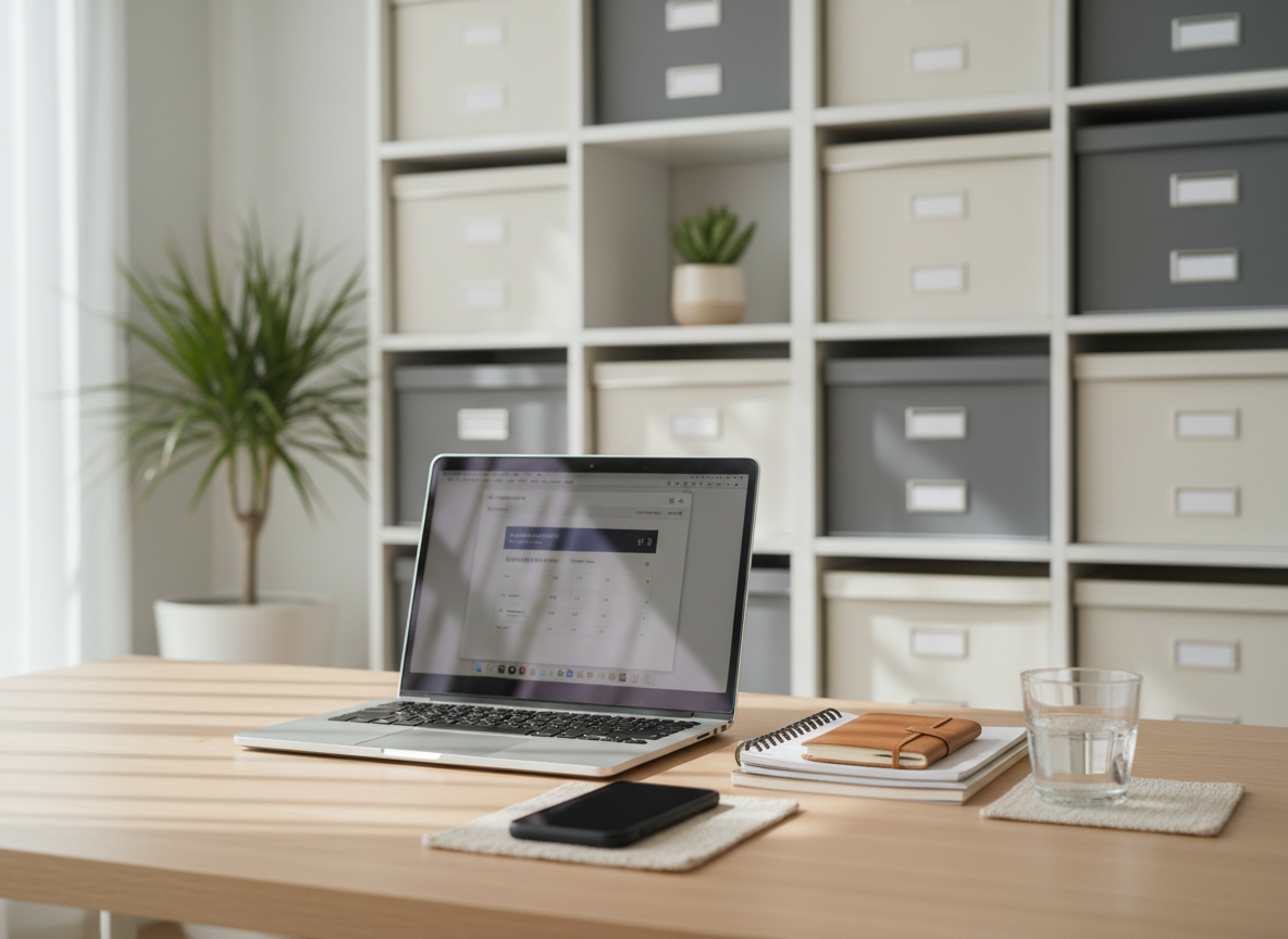 A clean, modern Korean home workspace photographed in daylight, featuring a slim silver laptop open on a light wood desk, a neatly stacked planner, and a smartphone placed on a simple fabric coaster. Behind the desk, built-in white shelving holds organized storage boxes and a small green plant for a touch of life. Soft natural light from a large unseen window to the left creates gentle reflections on the laptop screen and subtle shadows under objects. Shot at eye level with a shallow depth of field, the foreground in crisp focus and the background softly blurred. The atmosphere is professional yet approachable, suggesting a place where practical lifestyle, digital, and daily living tips are thoughtfully organized and easy to access.